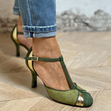 Taviana - Tacones de patchwork con tira en T y puntera cerrada